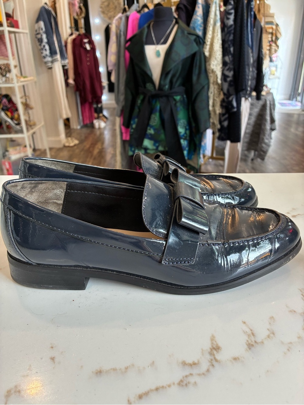 Stuart Weitzman Patent Leather Bow Loafers in Deep Navy